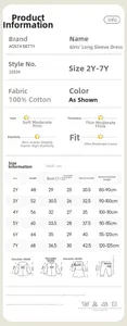 Size chart and measurement guide for girls long sleeve cotton princess dress 2Y-7Y