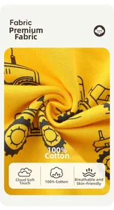 Detail of 100% cotton yellow fabric with cartoon car print and soft knit texture