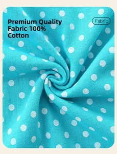 Macro detail of 100% cotton knit fabric with white polka dots on a blue base