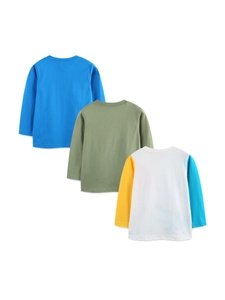 Three-pack boys long sleeve cotton t-shirts in blue green and color-block from back view