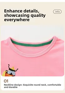 Detail of pink cotton dress with green collar piping and cute bee embroidery