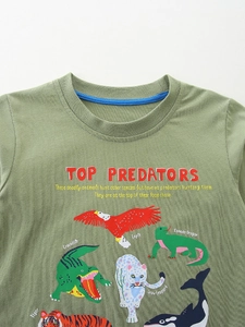 Boy's bean green long-sleeved t-shirt with predator animals educational print
