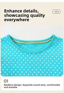 Detail of baby girl light blue polka dot dress featuring ribbed neckline and yellow ribbon