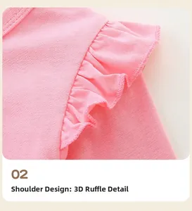 Detail showing 3D ruffled shoulder stitching on pink long-sleeved girls' dress