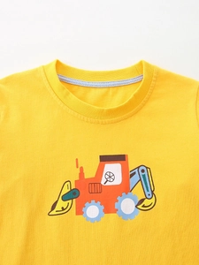 T-shirt jaune à manches longues pour garçons en coton avec motif cartoon d'excavatrice