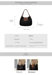Detailed size chart showing dimensions of 38x28x18cm for this large nylon tote bag