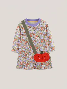 Robe fleurie à manches longues pour filles avec pochette citrouille pour Halloween