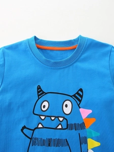 Boys bright blue long sleeve t-shirt with cartoon monster print and ribbed crew neck