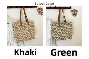 Detail of bohemian woven straw tote bags in khaki and green with stylish brown handles