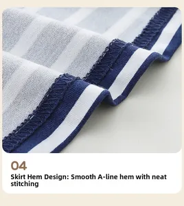Gros plan de l'ourlet de robe trapèze à rayures bleues et blanches avec coutures soignées