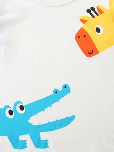 White cotton long sleeve t-shirt for boys with cartoon crocodile and giraffe prints