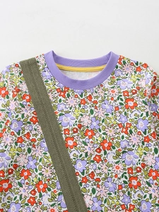 Robe à manches longues pour filles avec imprimé floral et col rond côtelé violet