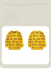 Flat lay of yellow long-sleeve toddler sweatshirt with black tractor prints, front and back views