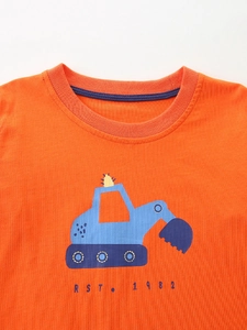 T-shirt manches longues garçon en coton orange avec imprimé d'excavatrice de dessin animé