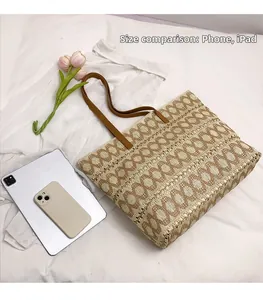 Straw woven tote size comparison with iPad and phone showing large capacity for beach travel