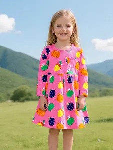 Robe en Maille de Coton à Manches Longues pour Filles Imprimé Fruits Dessin Animé Col Rond Rose Automne Vêtements Enfants