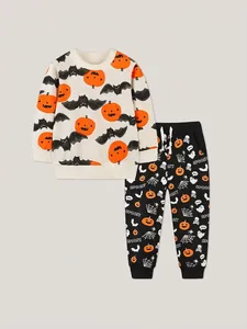 Completo Autunnale Per Bambini In Maglia Di Cotone Con Felpa A Maniche Lunghe E Pantaloni Jogger Con Stampa Di Zucche E Pipistrelli Di Halloween