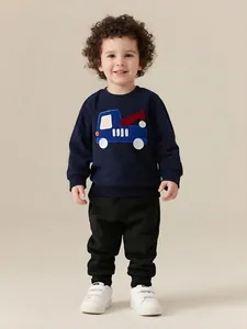 Fashion Boys Cotton Long Sleeve Sweatshirt Navy Blue Engineering Truck Applique Embroidery Printed Autumn Kids Pullover Top