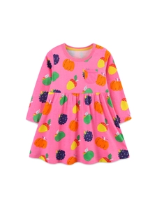 Robe rose à manches longues pour filles en coton avec motifs de citrouilles colorées