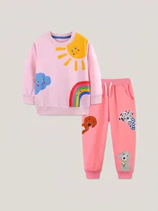 Ensemble T-Shirt Manches Longues en Coton et Pantalon pour Fille Broderie Chien Imprimé Arc-en-Ciel Tenue de Sport 2-7 Ans