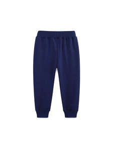Navy blue kids jogger pants featuring ribbed elastic waist and cartoon lion embroidery