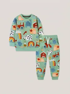 Toddler Boys Farm Animal Printed Sweatshirt And Pants Set Mint Green 100 Percent Cotton Long Sleeve 2 Piece Outfit Tracksuit
