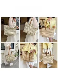 Detailed views of the large woven tote bag showing the texture and leather handle