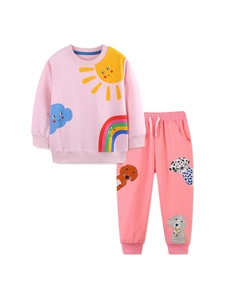 Ensemble rose en coton pour fille avec imprimé arc-en-ciel et broderie de chiot