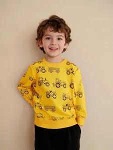 Toddler Boys 100 Percent Cotton Long Sleeve Sweatshirt Cartoon Construction Vehicle Tractor Print Crew Neck Pullover Top