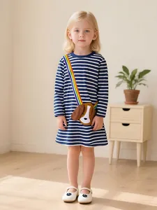Robe à Rayures à Manches Longues pour Filles Automne Décontractée en Coton Robe de Princesse Avec Sac Chien Accessoire Mignon