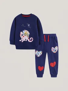 Girls Navy Blue Cotton Knitted Sweatshirt And Pants Two Piece Set Cartoon Dragon Heart Patchwork Embroidery Kids Outfit
