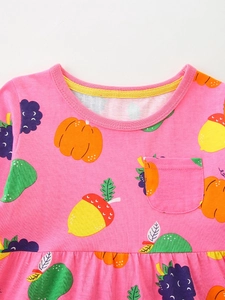 Robe rose à manches longues en coton pour filles avec motifs automnaux de citrouilles