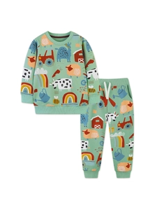 Kids long sleeve sweatshirt and pants set with mint green farm animal pattern print