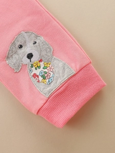 Haut en tricot rose pour fille avec broderie chien détaillée et poignets côtelés