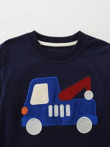 Boys navy blue sweatshirt with detailed cartoon crane applique and ribbed crewneck