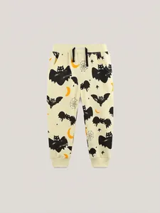 Boys Halloween Joggers Western Style Cotton Printed Cuffed Sweatpants For Toddlers Fall Beige Bats Moon Print Casual Trousers