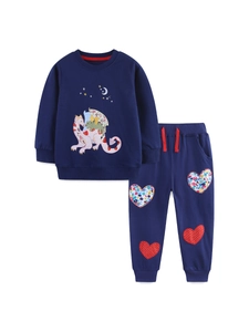 Girls dark blue knit sweatshirt and joggers set with dinosaur and heart patterns