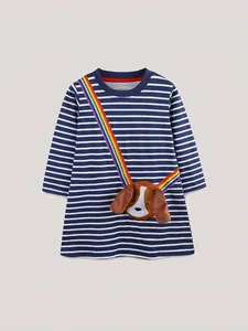 Robe rayée bleue pour filles avec petit sac 3D en forme de chien et bandoulière arc-en-ciel
