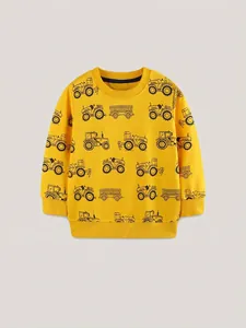 Yellow kids sweatshirt with all-over tractor print and ribbed crewneck design