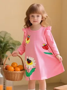 Girls Western Casual Pink Long Sleeve Cotton Dress Flower Applique Embroidery Sweet Ruffle Princess Party Every Day Dress