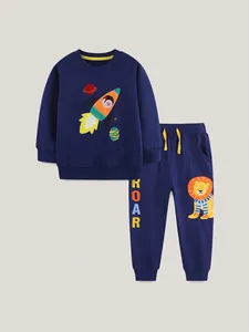 Ensemble de Vêtements pour Garçons Sweat-shirt et Pantalon en Coton Broderie Fusée Lion Tenues de Mode Décontractées d'Automne