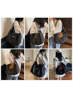Multi-angle view of model wearing a large waterproof nylon tote bag with leather straps