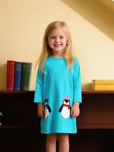 Girls Autumn Long Sleeve Polka Dot Dress Kids Cotton Knit Princess Dress With Cartoon Penguin Embroidery Sweet Child Outfits