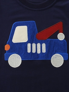 Dark blue cotton boys sweatshirt featuring a detailed blue truck embroidery with red crane