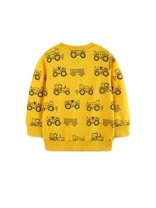 Yellow kids sweatshirt with all-over black tractor print and ribbed trims, back view