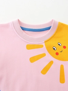 Sweatshirt rose en coton pour fille avec broderie soleil jaune mignonne