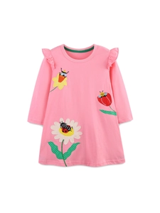 Pink long sleeve cotton dress for girls with floral embroidery and ruffle sleeves