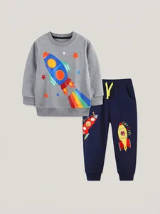 Vêtements Garçons Enfants 100% Coton Sweat-Shirt à Manches Longues et Pantalon Fusée Espace Imprimé Broderie Tenue de Sport Décontractée