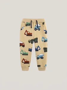 Pantalon de Jogging en Coton pour Garçons avec Imprimé Véhicule de Construction Enfants Khaki Taille Élastique Poignets Côtelés