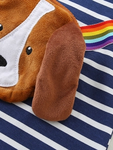 Robe rayée à manches longues pour filles avec poche peluche chien et ruban arc-en-ciel